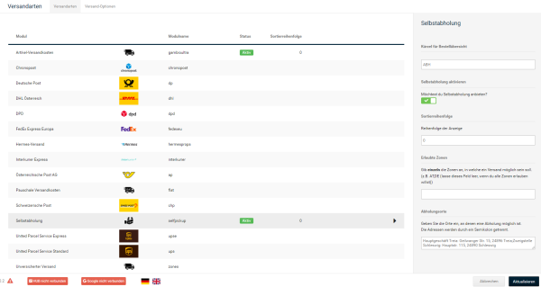 Admin-Ansicht der Versandart "Selbstabholung"